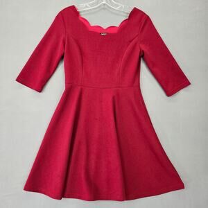 ApperlothA Ruby Red Mini Dress Stretch Aline Scallop Scoop 3/4 Sleeves Womens XS